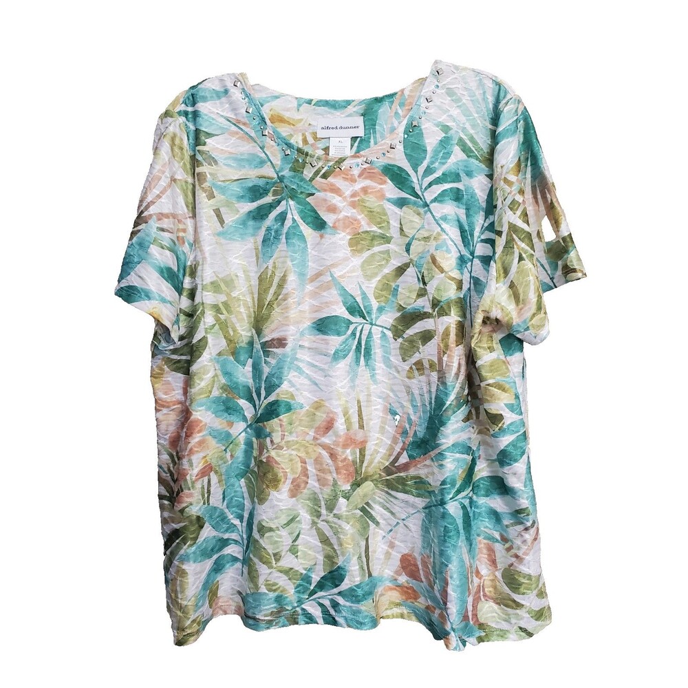 Alfred Dunner Textured Studded Leaf Print Short Sleeve Lightweight Top Size XL